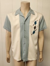 men's bowling shirt S blue white panel front mid century style