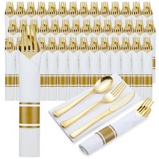 400Pcs Pre-Rolled Gold Plastic Cutlery Set, 100 Pack Wrapped Silverware With ...