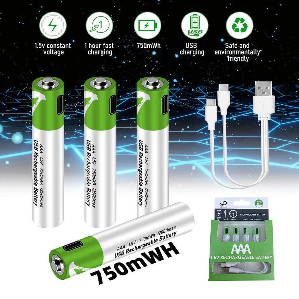 AAA Lithium Recharge Battery 1.5V Fast Charger Type C Cable Lot 750mWh 4PK - Image 2 of 4