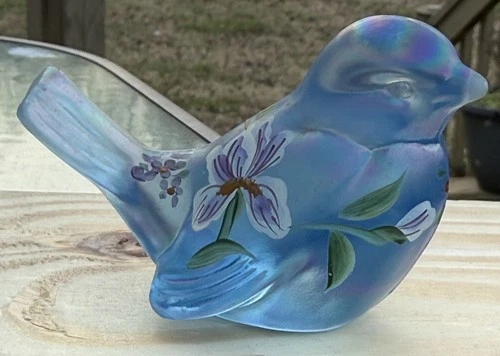 Fenton Blue Iridescent Glass Bird 4" Floral Hand Painted by J.Stephens
