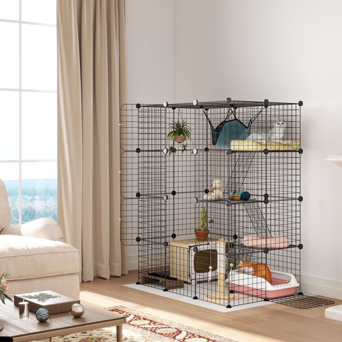 PawHut 4 Tier Cat House - Black - Indoor Cat Cage with Hammock - DIY Design - Image 2