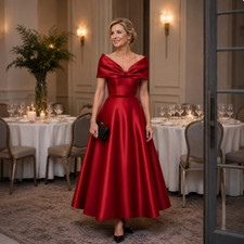Red Satin Off Shoulder Bow Formal Evening Dress Wedding Guest Party Long Gown