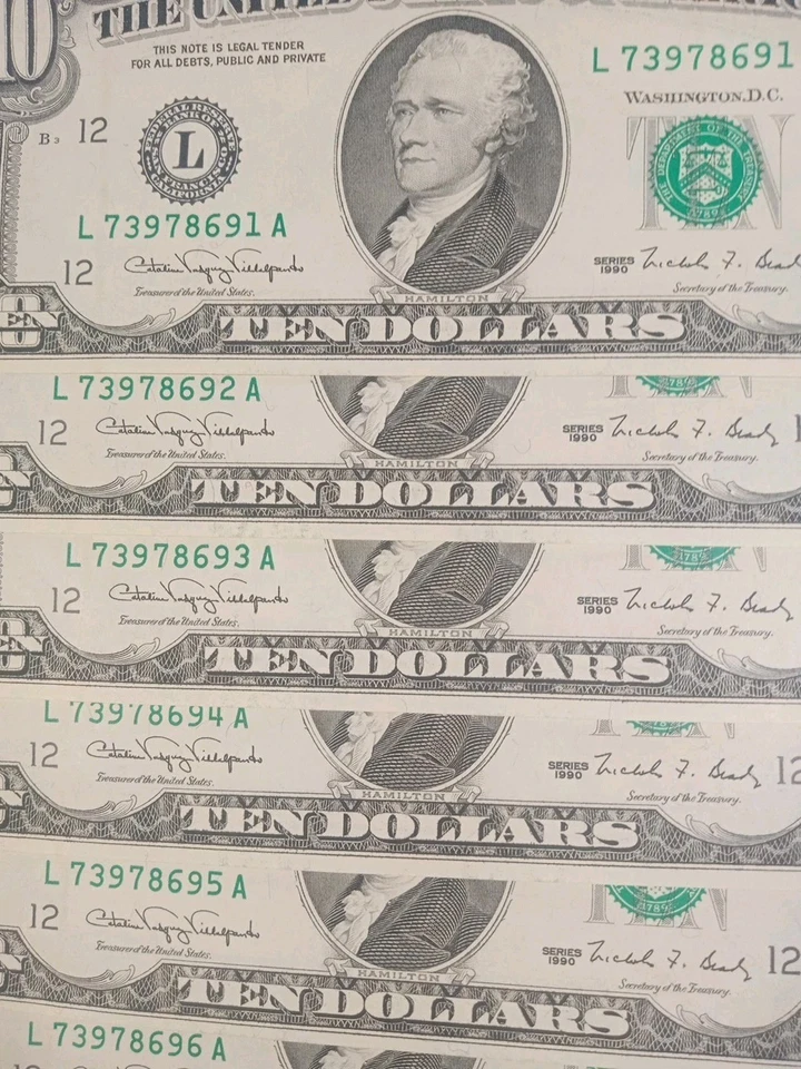 1990 $10 Dollar Bill Note UNC Sequencal Order 10 Notes San Francisco - Image 2 of 3