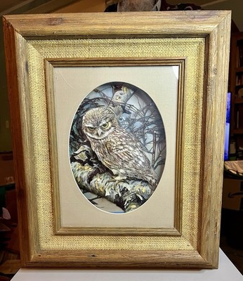 Vintage Basil Ede 3D Paper Art Owl In Wood And Burlap Frame 18  By 15 