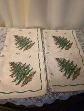 4 Spode Christmas Tree w Santa Green Trim Cloth Napkins 19" x 19 1/2"  Set of 4