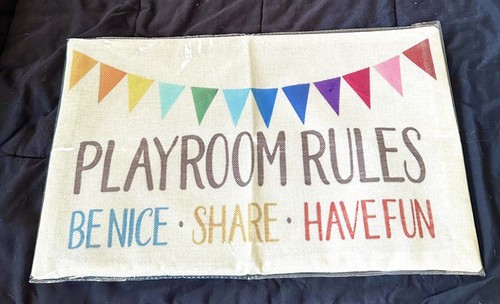 Playroom Rules Decorative Throw Pillow Case Cover Cotton Linen Rainbow Flag NEW - Picture 2 of 6