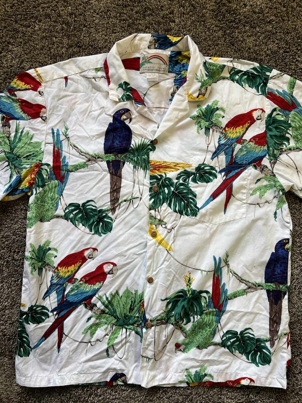 Vintage Paradise Found Shirt Mens Large White Hawaiian Macaw Parrot Bird Print