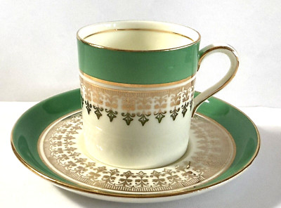 Aynsley Flat Demitasse Cup & Saucer Green Band Gold Decor & Trim Teacup 2 1/4 