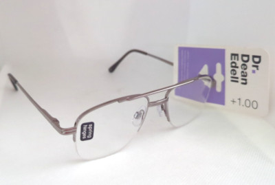 Dr. Dean Edell Reading Glasses Aviator Silver Half Rimless Spring +1.00 #50820