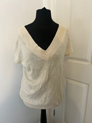 Gap Damen Leinenmischung V-Ausschnitt Strick Top Creme Haferflocken Kurzarm Größe M