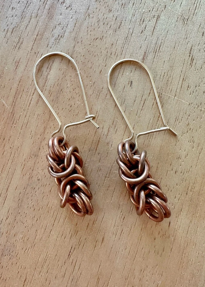 Handmade Genuine Copper Chain Link Box Chain Dangle Weave Mesh Earrings - Image 2 of 4