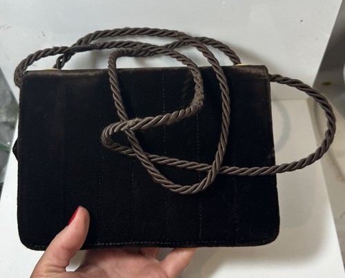 Vintage Neiman Marcus Marrone Velluto Frizione Pelle Strass Cinturino Borsetta - Foto 12 di 13