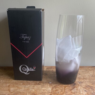 QUALIA GLASS TOPAZ PATTERN TALL 11.5  VASE `new In Box Clear With Purple