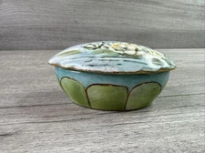 Unbranded Oval Porcelain Glass Trinket Dish Greens Blues 4"