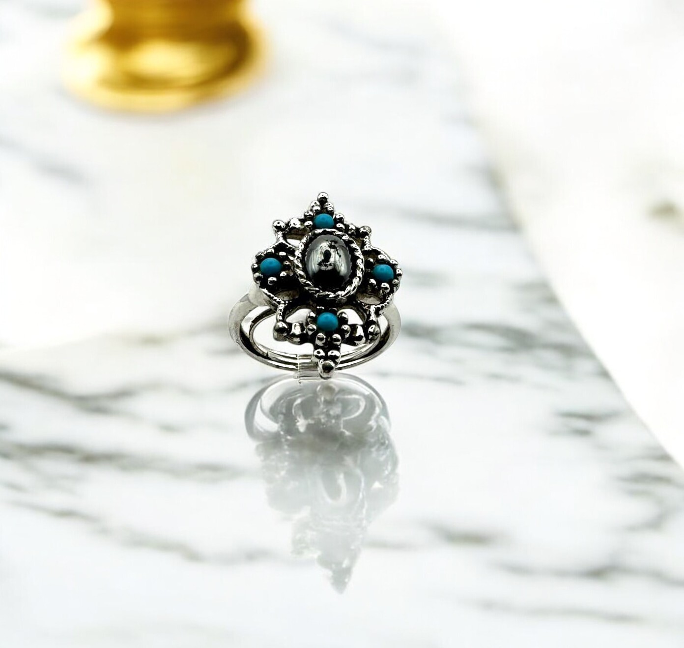 1974 Avon Mirabella Hematite and Turquoise Dress Ring – E81 | eBay