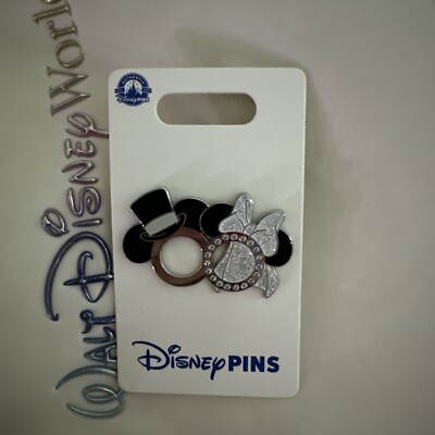 Disney Parks Pin Mickey & Minnie Mouse Wedding Rings Silver Bride and Groom NEW