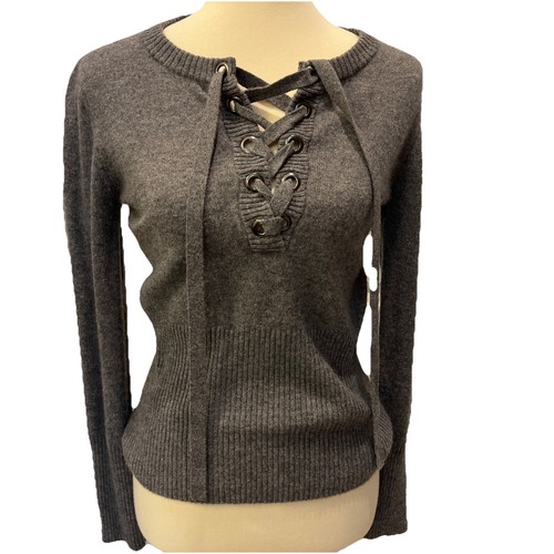 Qi 100% Cashmere Sweater Gray Lace Up V-Neck Pullover Preppy Size S Boho Classic - Picture 2 of 10