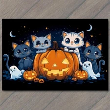 Art Print Halloween Black Cats Pumpkin Full Moon Cute Fun Fall Spooky Adorable