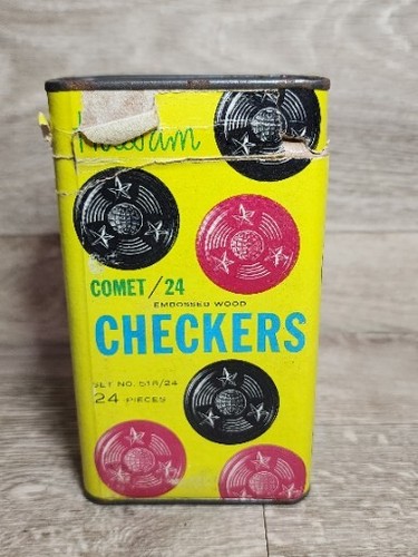 Caja de hojalata de cartón vintage HALSAM 24 damas COMET de madera en relieve negras rojas LEER* - Imagen 3 de 7