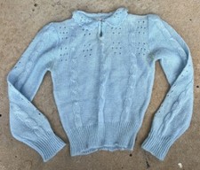Vintage Baby Blue Pastel Coquette Sweater Crochet Victorian Style Collar Small