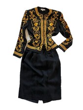 Women  s Adrianna Papell Silk Skirt Suit Set Size 8 Black W Gold Print Vintage
