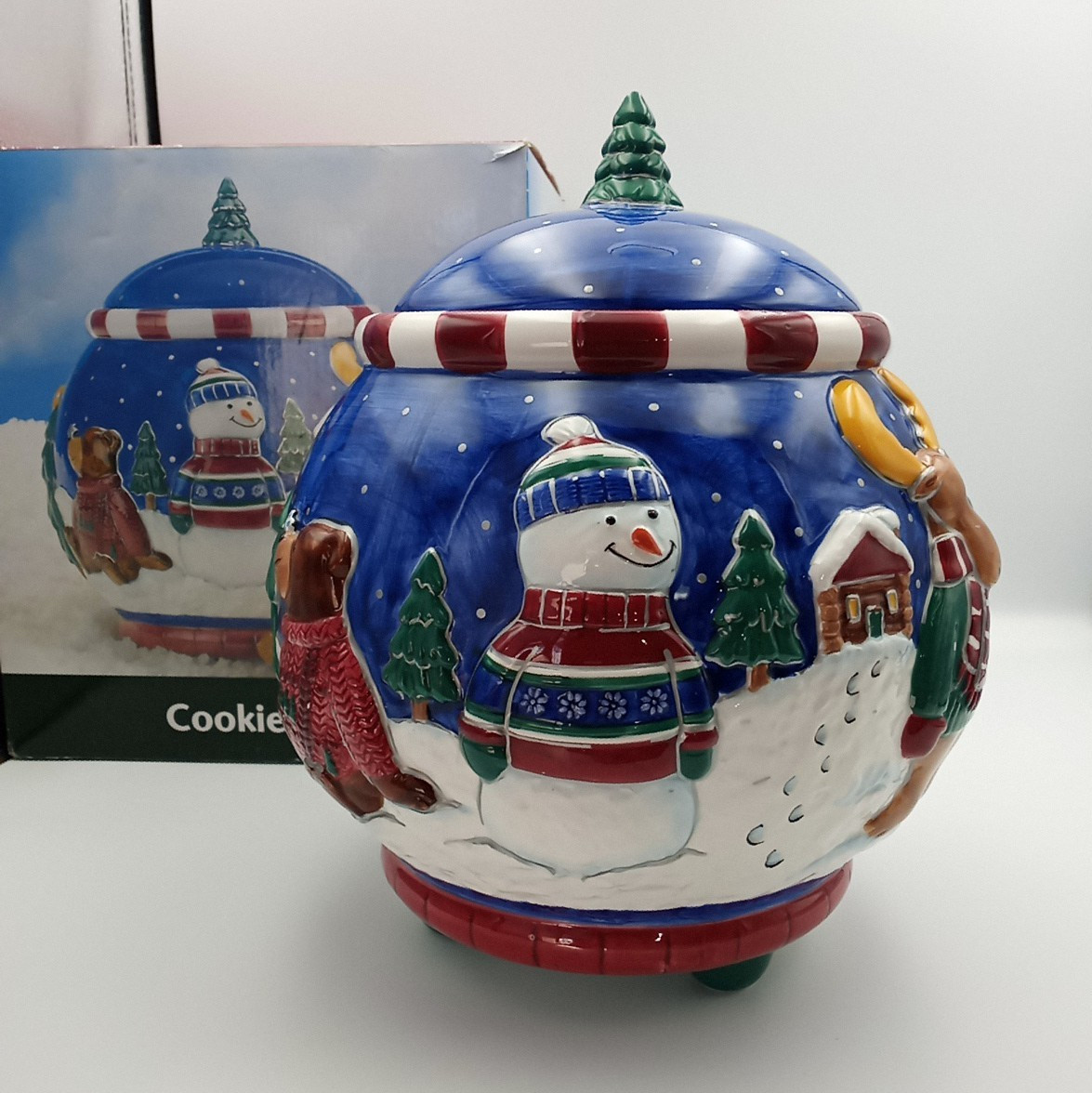 St. Nicholas Square Winter Friends Cookie Jar, Snowman, cabin, moose, 10 1/2" T