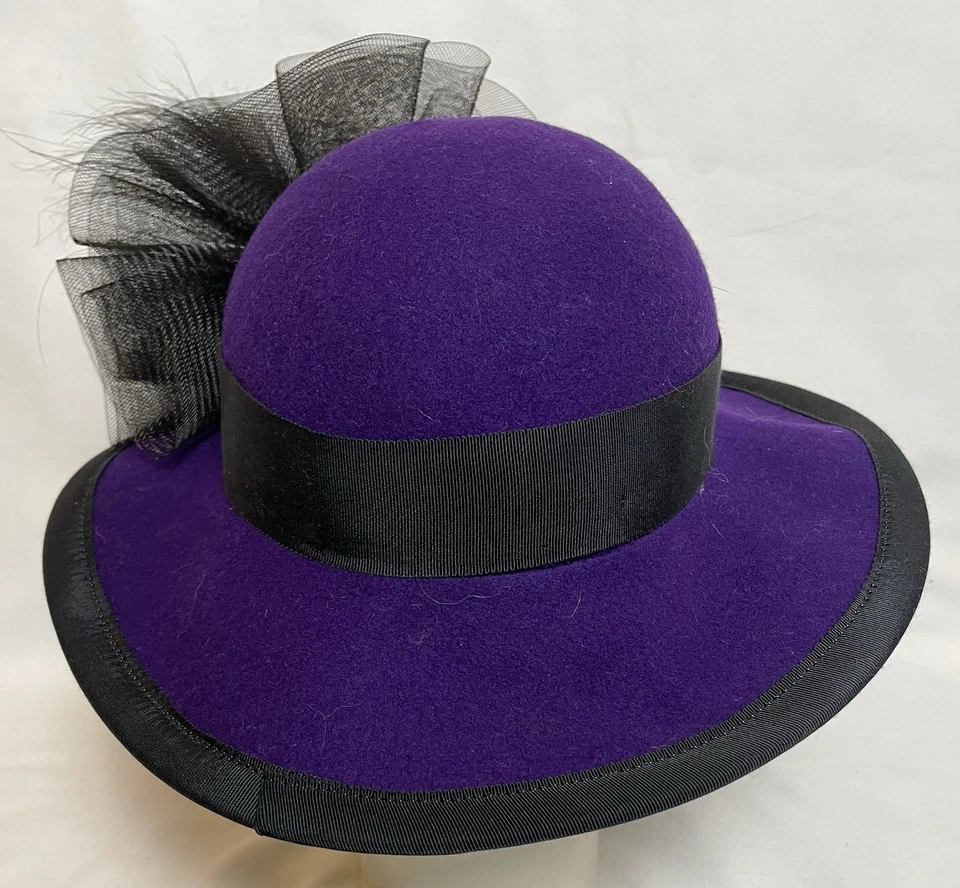 Vintage 60s Bollman Wool Hat OS Women’s Purple Felt Mesh Feather Accent Formal - Image 4 of 4