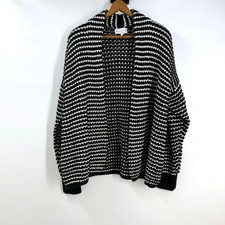 Michael Stars Chunky Cardigan Sweater L Black Cream Open Preppy Cozy Coastal