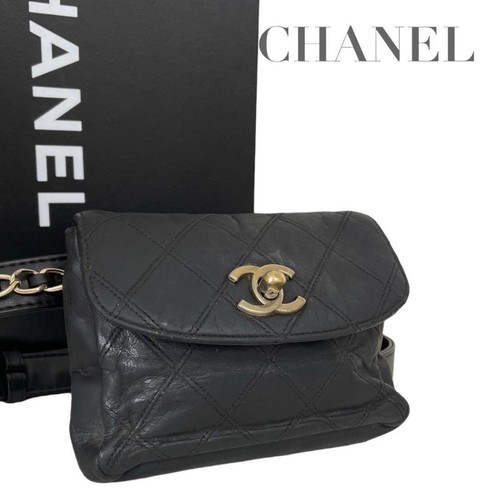 CHANEL Lambskin Quilted Flap Waist Belt Bag Black Vintage Good Condition