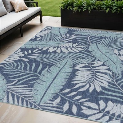 5x7 ft. Navy Blue & Sky Blue - Ivory Palm Leaf Indoor & Outdoor Rectangle Are...