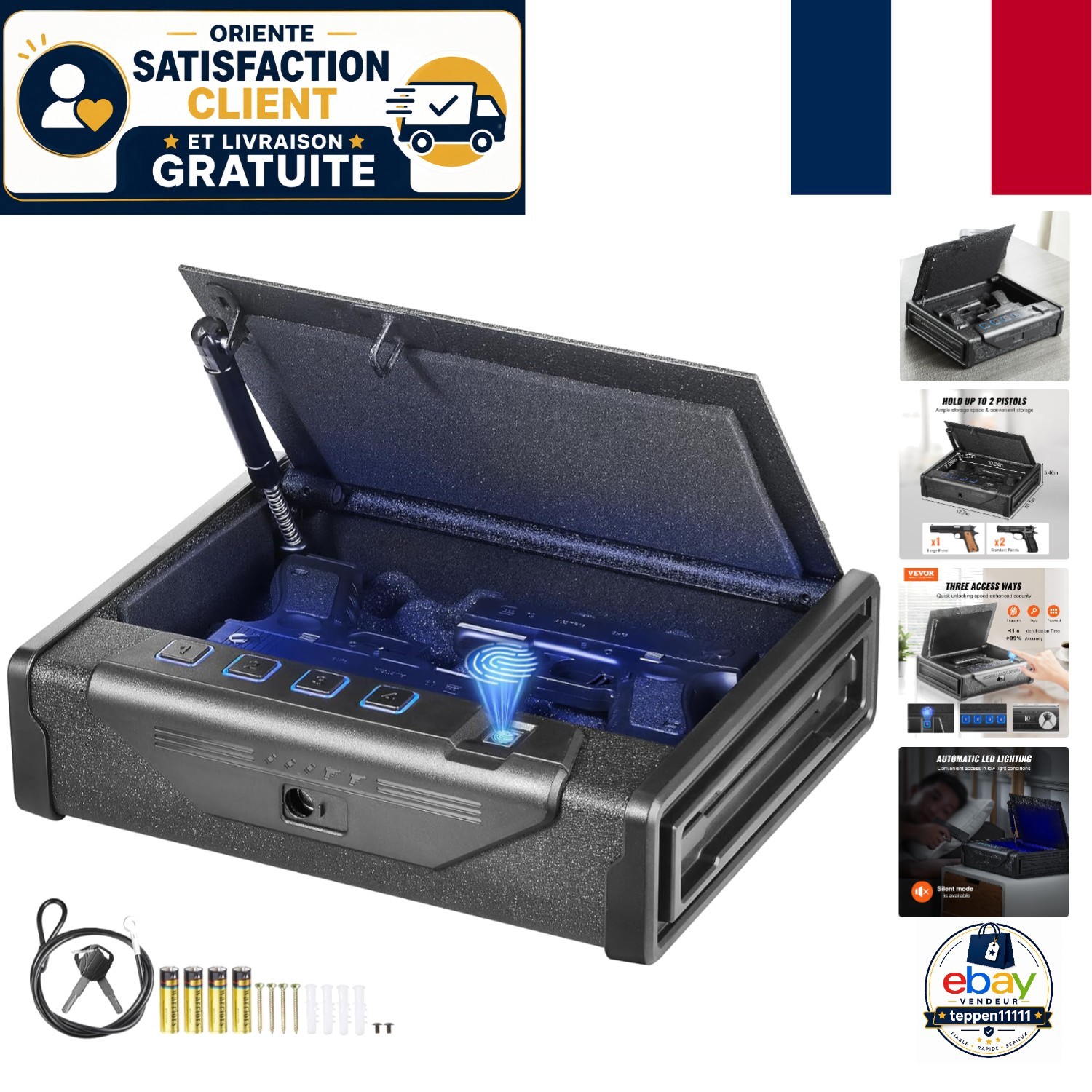 Coffre-fort pour pistolets avec ouverture digitale rapide et clé de secours