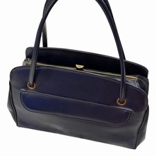 Vintage 50s 60s Style Structured Blue Leather 2 Top Handles Frame Bag Gold Clasp