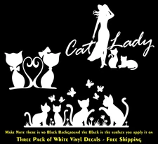 Cat Lady - Cats Butterflies - Cats Heart Love White Vinyl Decals Vehicle Windows