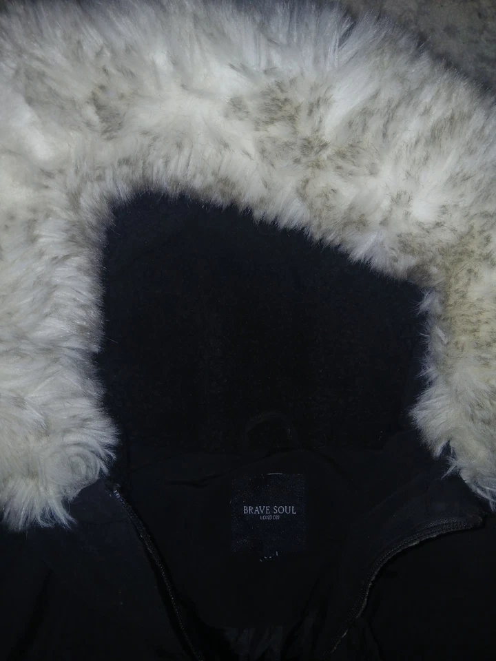 Brave Soul Black Parka Jacket with Fur Hood Mens Medium - Image 4 of 4