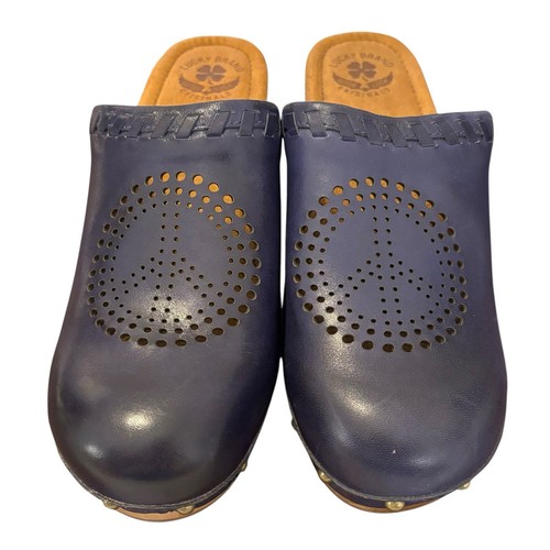 LUCKY BRAND Women's Size 7.5 Blue Peace Sign Clog Leather and Back Logo AS IS