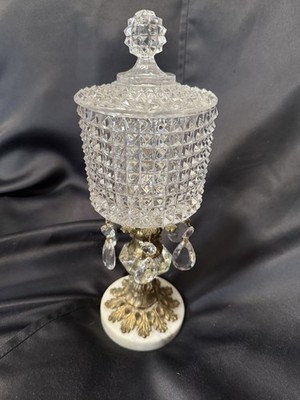 Vintage Crystal Candy Dish With Brass Marble Pedestal