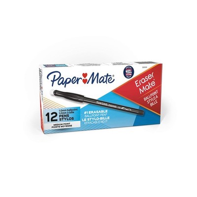 Paper Mate EraserMate Erasable Pen, Medium Point, 12 Count (Pack of 1), Black 