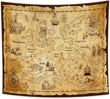 150X130Cm Arazzo Mappa Dei Pirati Vintage, Isola Del Tesoro Occidentale Rotta Na