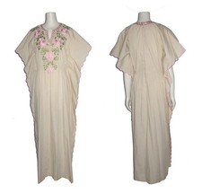Vintage Beige Multicolor Embroidered Hippie Boho Long Kimono Kaftan Caftan Dress