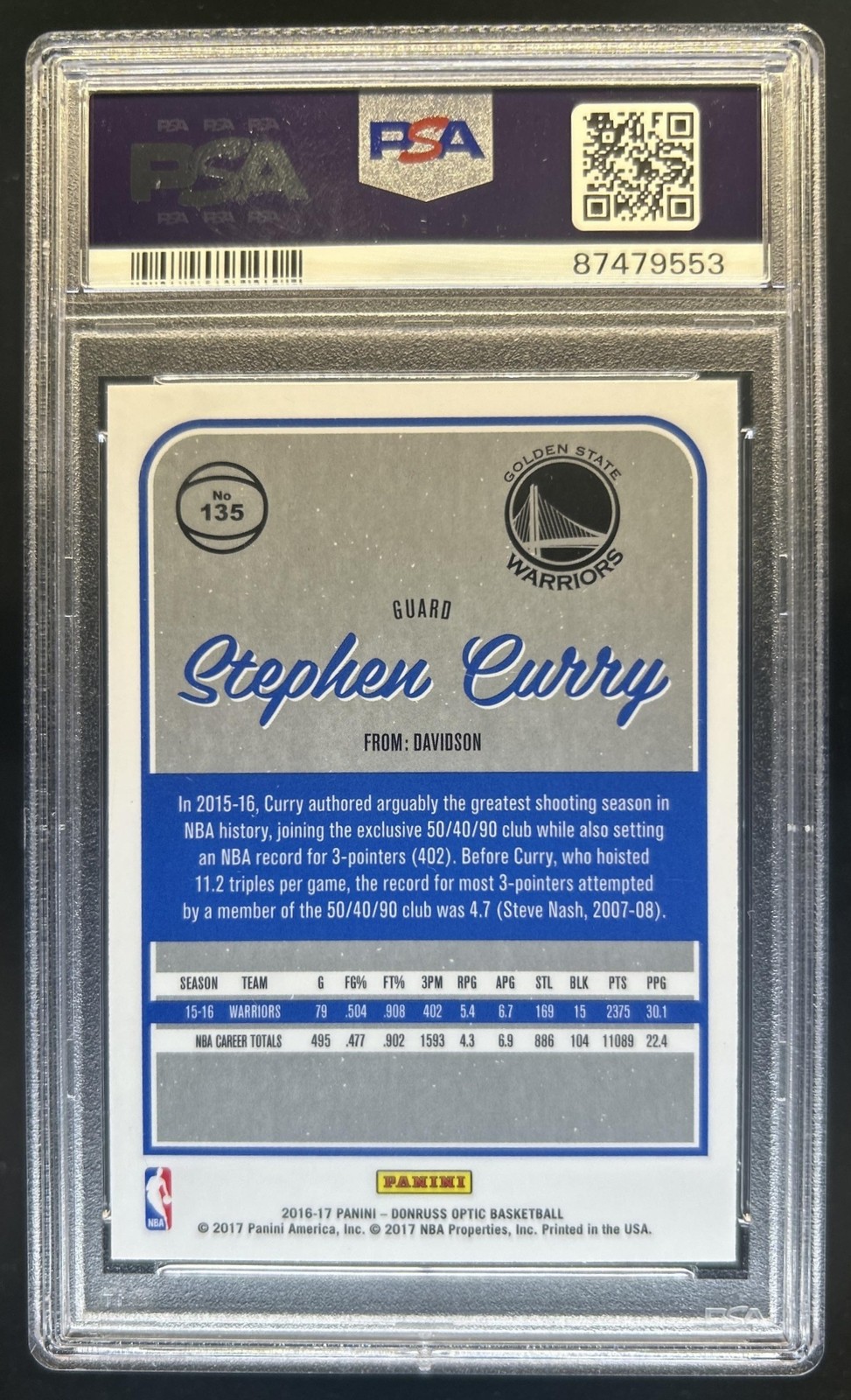2016-17 Panini Donruss Optic Stephen Curry #135 Warriors PSA 10 GEM MINT view 2