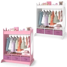 Pink/White Kids Dress Up Pretend Closet Armoire Wardrobe Storage w/Mirror,Drawer