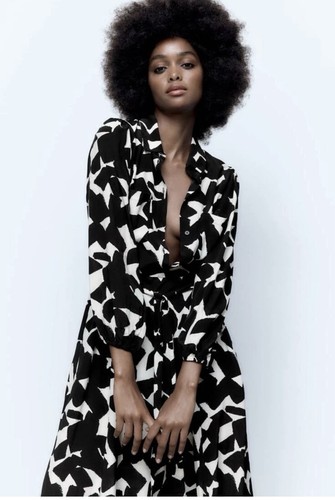 Zara long sleeve midi maxi dress with tie waist Women's size M L Black Cream