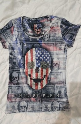 Philipp Plein Skull T-Shirt Rhinestone USA Flag Money Print Cotton Lycra
