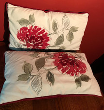 2x M&S EMBROIDERED STYLE RECTANGULAR CUSHIONS, FLORAL RED & CREAM, VELOUR BACK.
