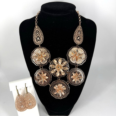Charming Charlie Rose Gold Tone Filagree Statement Necklace 18'' & Earring Set