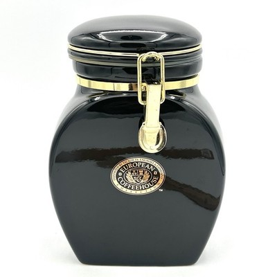Vntg European Coffeehouse Ceramic Canister Black With Gold Toned Trim 8 Inch