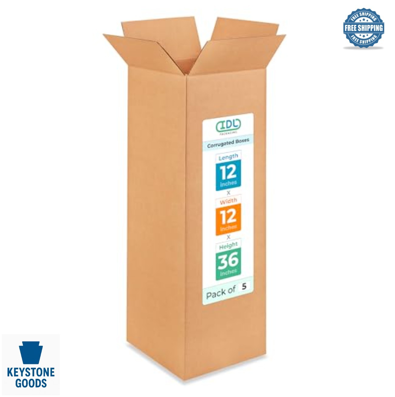 Tall Corrugated Shipping Boxes 12 x 12 x 36 Inch 5 Pack 200 lb Test Kraft