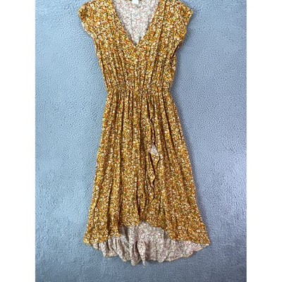 Far East Brokers Floral High Low Dress Womens S Yellow V-Neck Cap Sleeve Exc