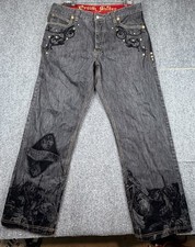 Y2K Crown Holder Mens Jeans Button-Fly Gold Rhinestone Stud Velvet Print 38x32.5