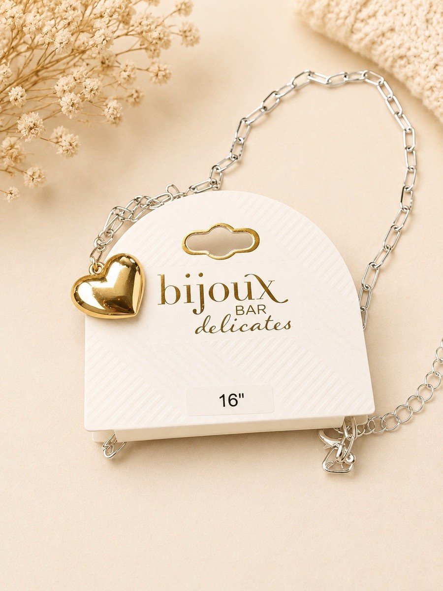 Unique Silver Chain Gold Heart Necklace View 3